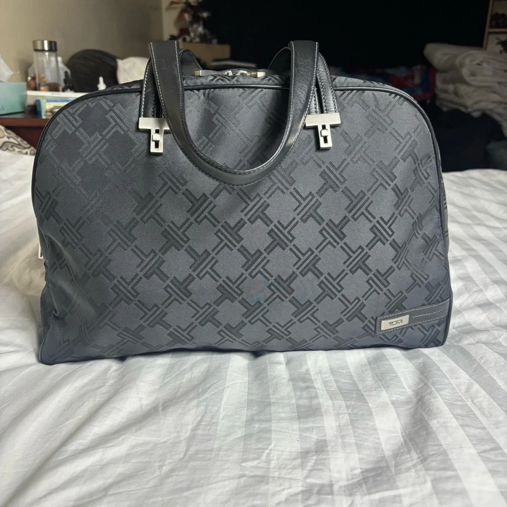 Tumi vintage Y2K black monogram ballistic nylon leather laptop travel bag unisex